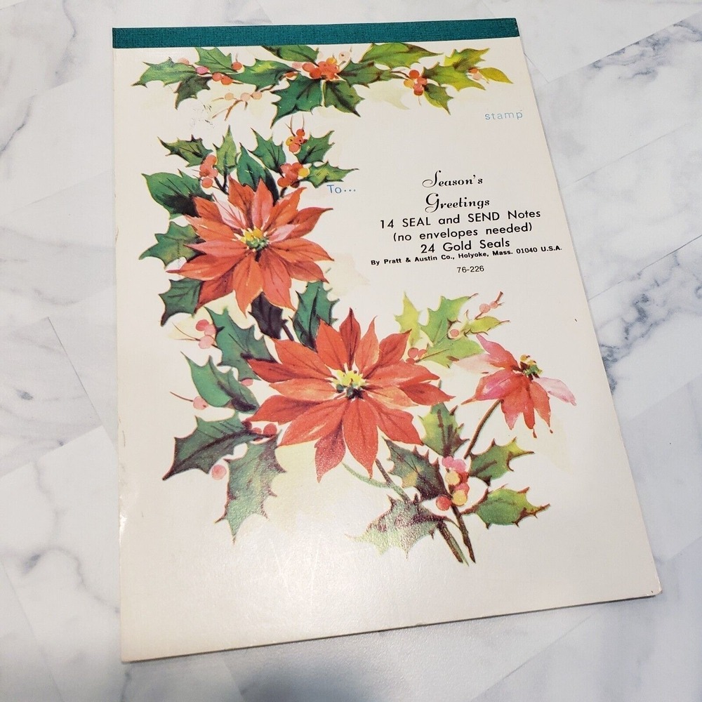Vintage PRATT & AUSTIN Co. Seal 'N' Send Foldover Notes Poinsettias w/Gold Seal